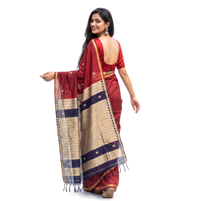 Women's Traditional Chanderi Cotton Linen Blend Saree with Zari Woven Border & Unstitched Blouse Piece.