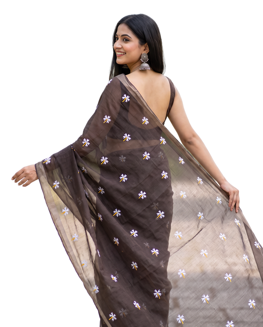 Women's Pure Linen Cotton Floral Embroidered Saree with Unstitched Blouse Piece.