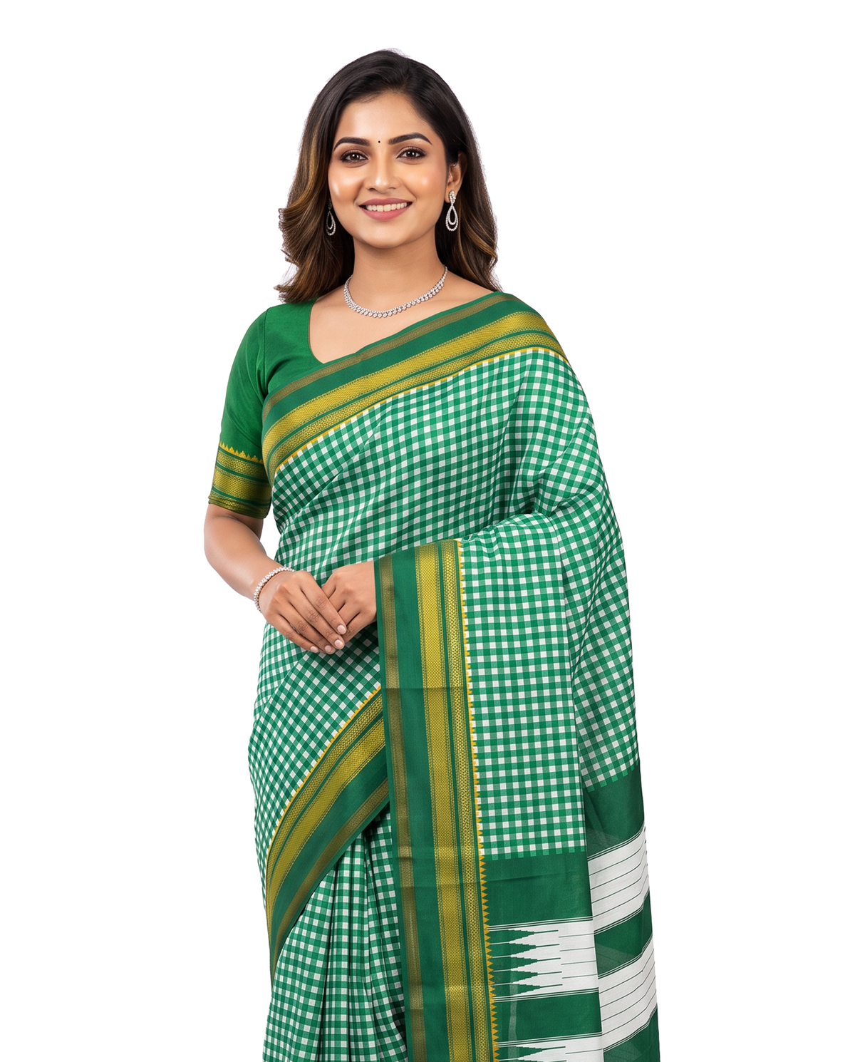 Women's Synthetic Silk Blend Checked Saree with Contrast Border & Unstitched Blouse Piece.