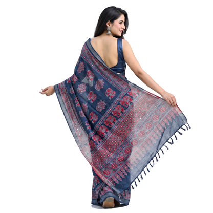 Shri Hari Sarees Women's Ethnic Ajrakh Mirror Printed Art Silk Saree with Unstitched Blouse Piece.