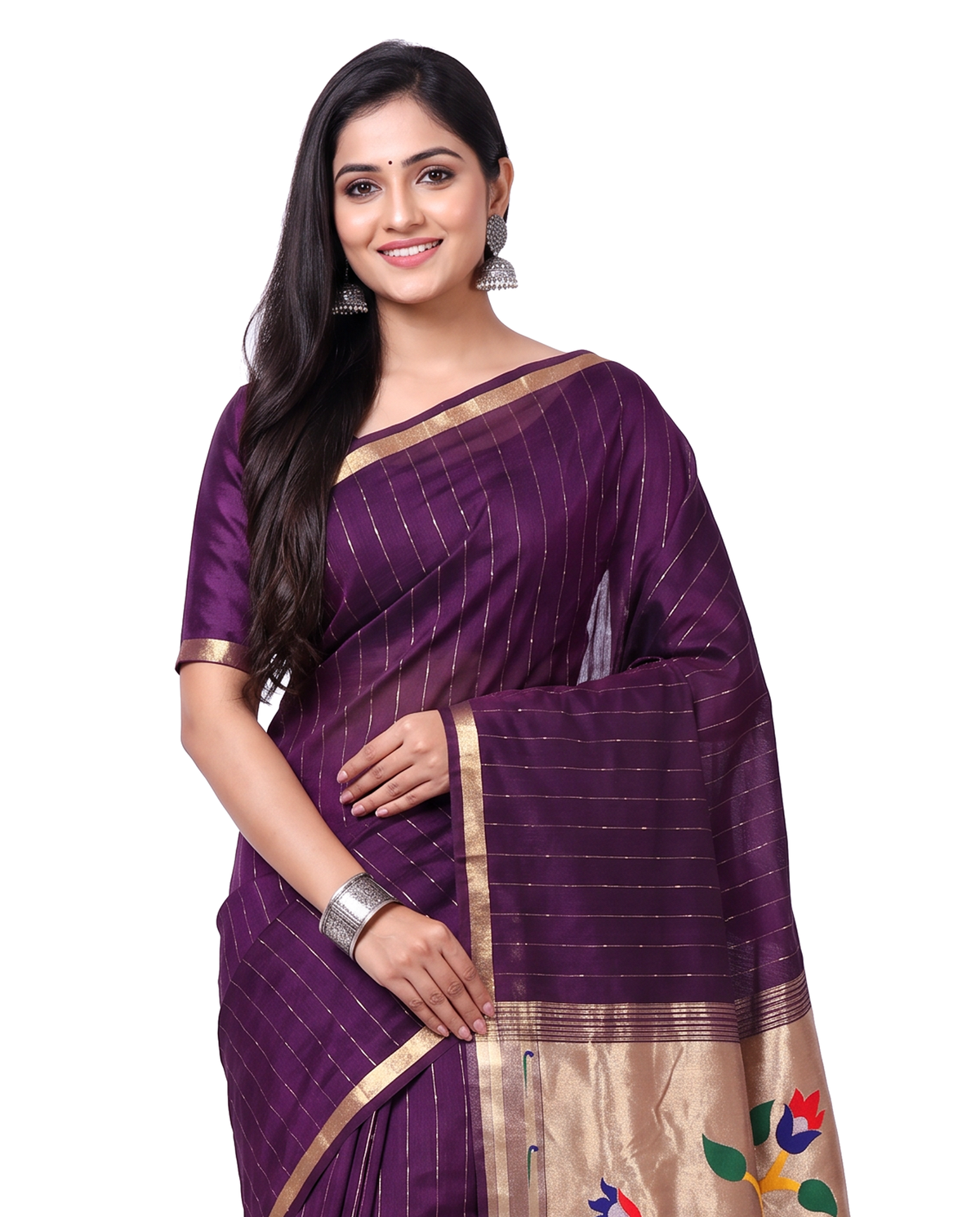 Women's Paithani Silk Blend Saree with Zari Woven Striped Lines and Peacock Floral Pallu including Unstitched Blouse Piece.