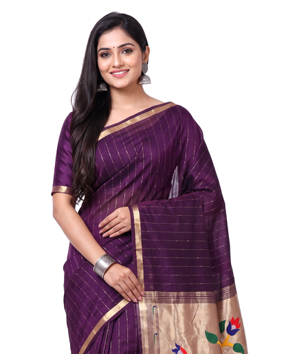 Women's Paithani Silk Blend Saree with Zari Woven Striped Lines and Peacock Floral Pallu including Unstitched Blouse Piece.