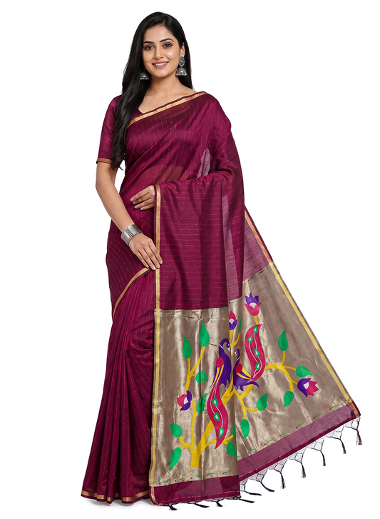 Women's Paithani Style Woven Linen Cotton Saree with Unstitched Blouse Piece.