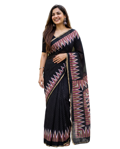 Women's Cotton Blend Ikat Print Saree with Unstitched Blouse Piece.