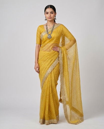 Women's Lightweight Organza Georgette Saree with Embroidered Zari Border & Unstitched Blouse Piece.