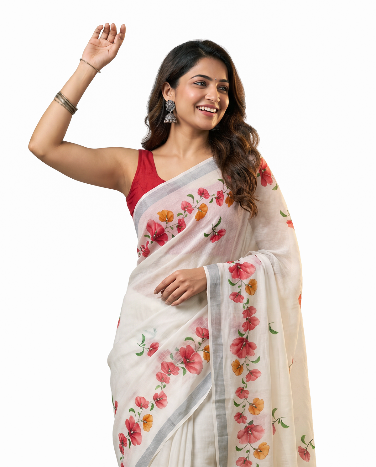 Women's Cotton Linen Blend Floral Printed Saree with Silver Zari Border & Unstitched Blouse Piece.