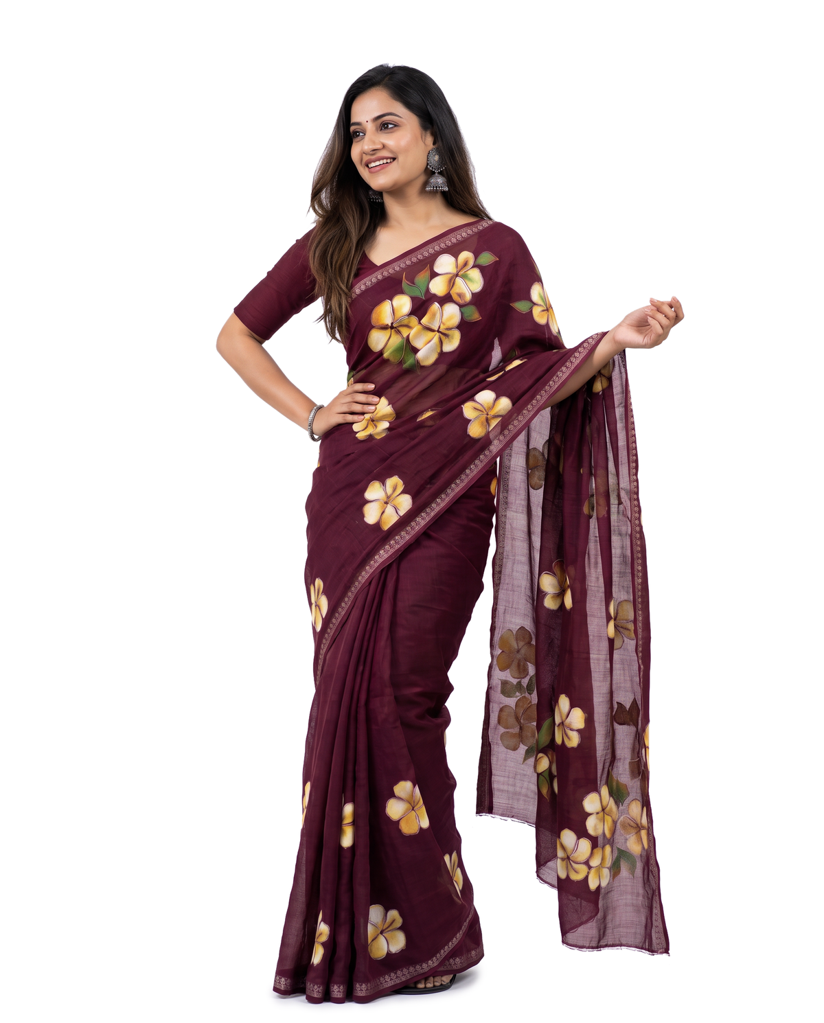 Women's Floral Hand Printed Dull Moss Saree with Unstitched Blouse Piece.