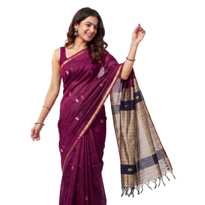 Women's Traditional Chanderi Cotton Linen Blend Saree with Zari Woven Border & Unstitched Blouse Piece.