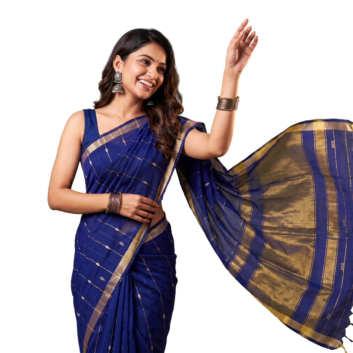 Women's Zari Maheshswari Cotton Blend Zari Woven Saree with Unstitched Blouse Piece.