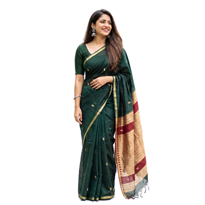 Women's Traditional Chanderi Cotton Linen Blend Saree with Zari Woven Border & Unstitched Blouse Piece.