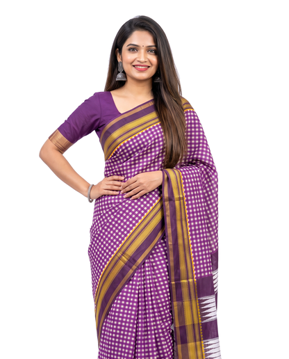 Women's Synthetic Silk Blend Checked Saree with Contrast Border & Unstitched Blouse Piece.
