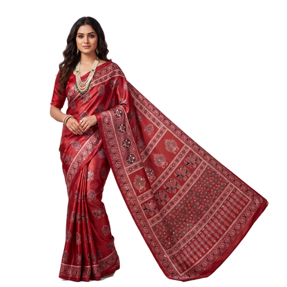 Shri Hari Sarees Women's Ethnic Ajrakh Mirror Printed Art Silk Saree with Unstitched Blouse Piece.