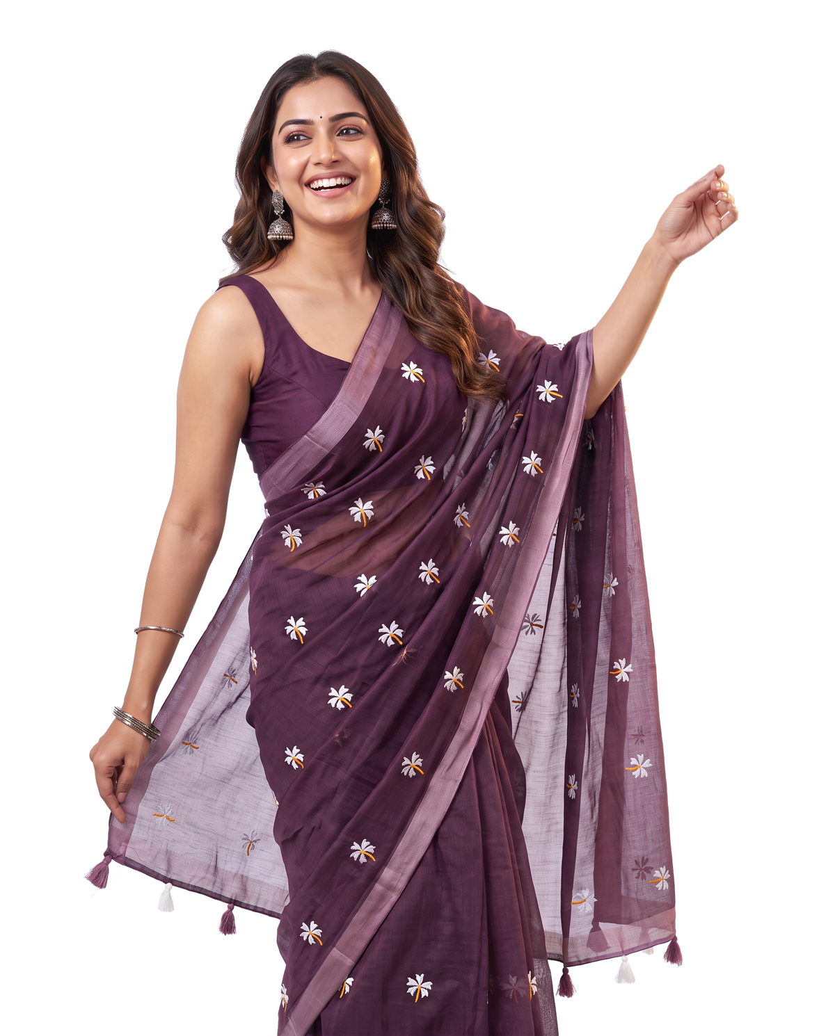 Women's Pure Linen Cotton Floral Embroidered Saree with Unstitched Blouse Piece.