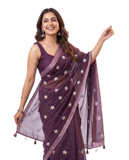 Women's Pure Linen Cotton Floral Embroidered Saree with Unstitched Blouse Piece.