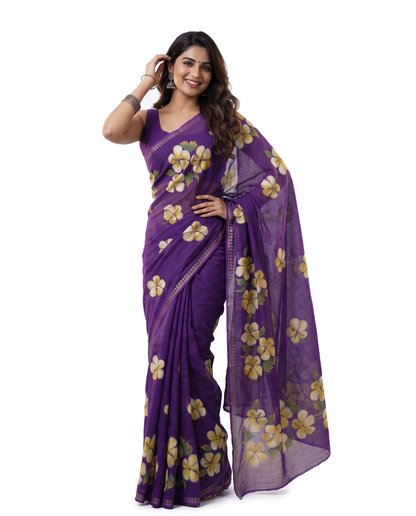 Women's Floral Hand Printed Dull Moss Saree with Unstitched Blouse Piece.