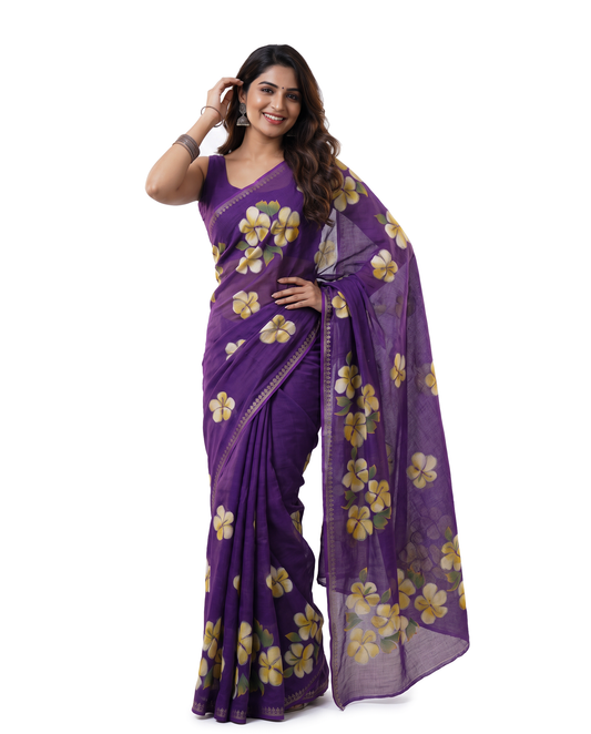 Women's Floral Hand Printed Dull Moss Saree with Unstitched Blouse Piece.