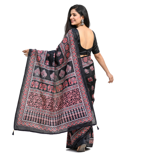 Shri Hari Sarees Women's Ethnic Ajrakh Mirror Printed Art Silk Saree with Unstitched Blouse Piece.