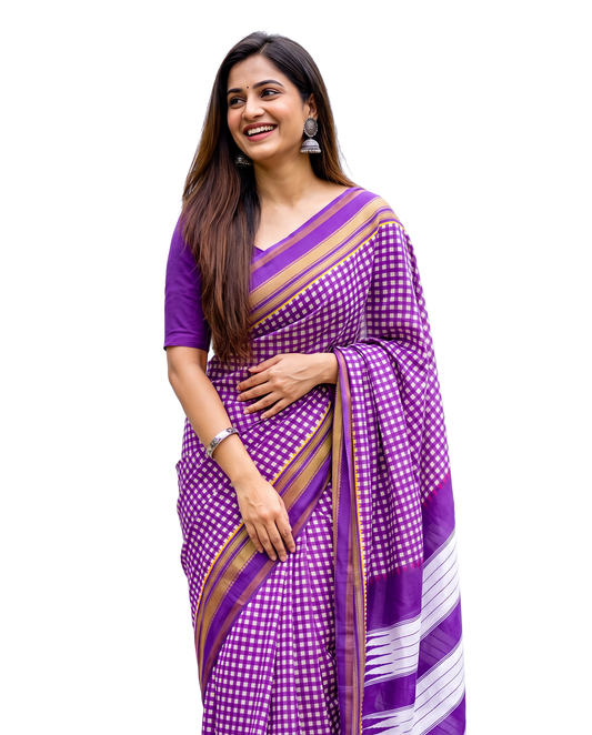 Women's Synthetic Silk Blend Checked Saree with Contrast Border & Unstitched Blouse Piece.