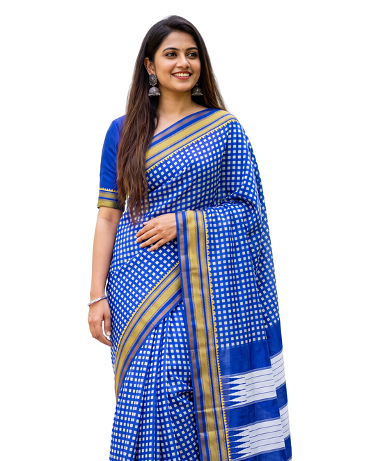 Women's Synthetic Silk Blend Checked Saree with Contrast Border & Unstitched Blouse Piece.