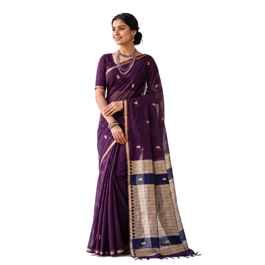 Women's Traditional Chanderi Cotton Linen Blend Saree with Zari Woven Border & Unstitched Blouse Piece.