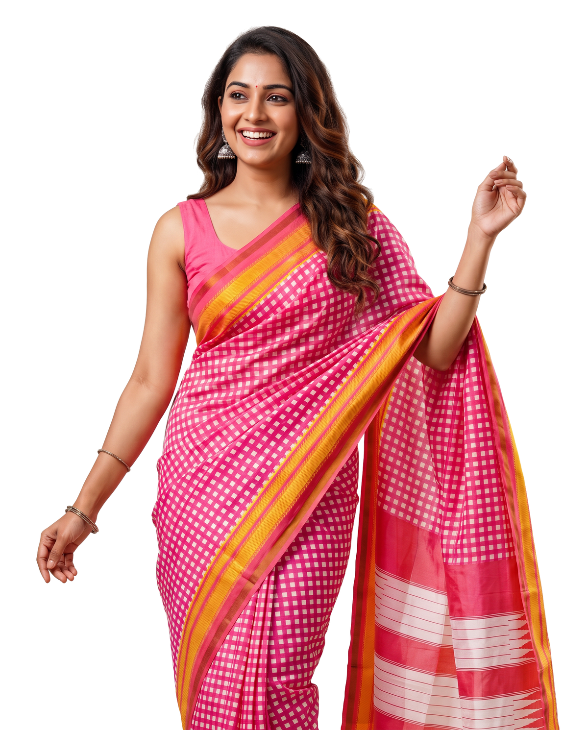 Women's Synthetic Silk Blend Checked Saree with Contrast Border & Unstitched Blouse Piece.