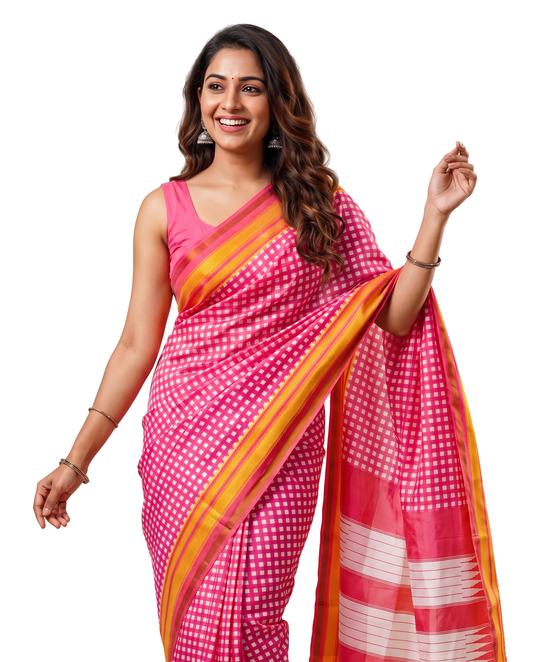 Women's Synthetic Silk Blend Checked Saree with Contrast Border & Unstitched Blouse Piece.