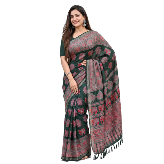 Shri Hari Sarees Women's Ethnic Ajrakh Mirror Printed Art Silk Saree with Unstitched Blouse Piece.