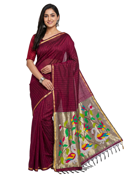 Women's Traditional Zari Cotton Silk Saree with Unstitched Blouse Piece.