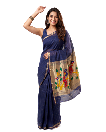 Women's Paithani Silk Blend Saree with Zari Woven Striped Lines and Peacock Floral Pallu including Unstitched Blouse Piece.