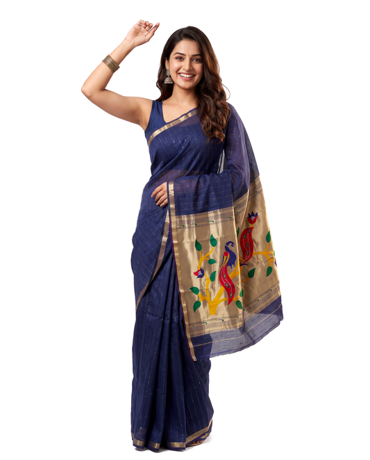 Women's Paithani Silk Blend Saree with Zari Woven Striped Lines and Peacock Floral Pallu including Unstitched Blouse Piece.