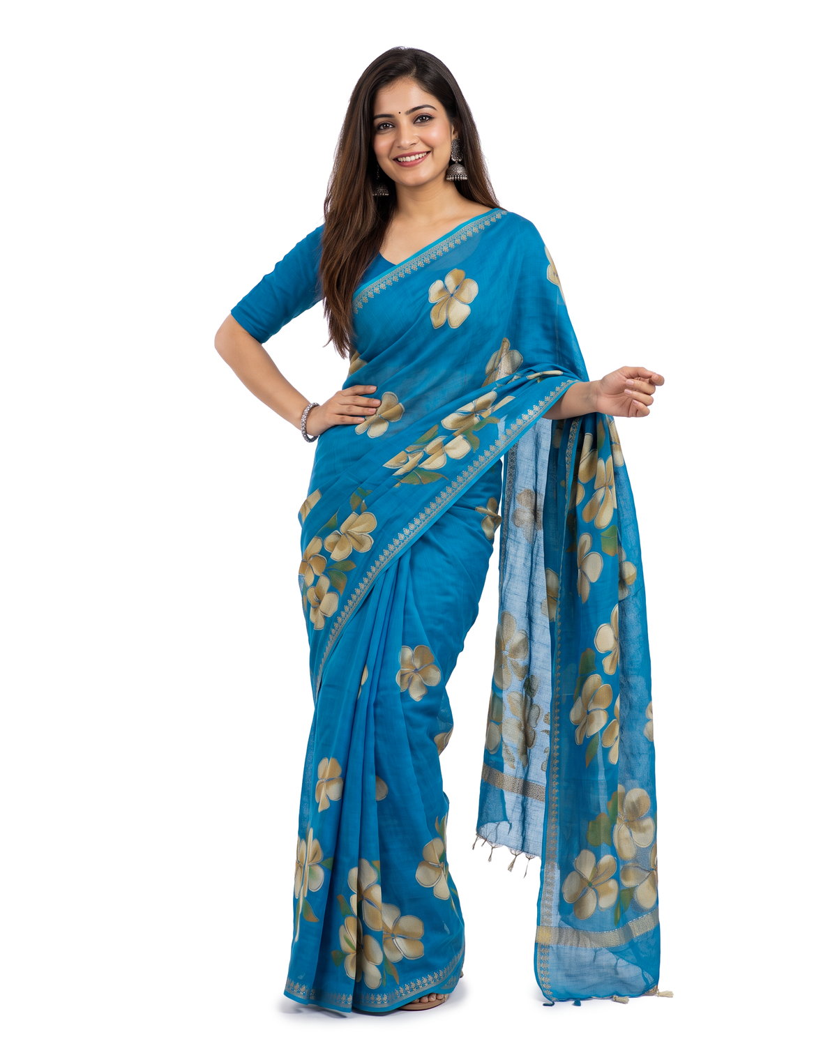 Women's Floral Hand Printed Dull Moss Saree with Unstitched Blouse Piece.