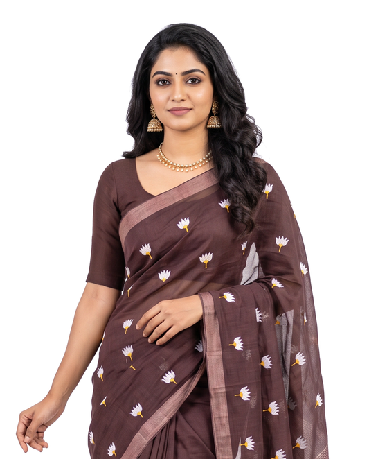Women's Pure Linen Cotton Floral Embroidered Saree with Unstitched Blouse Piece.