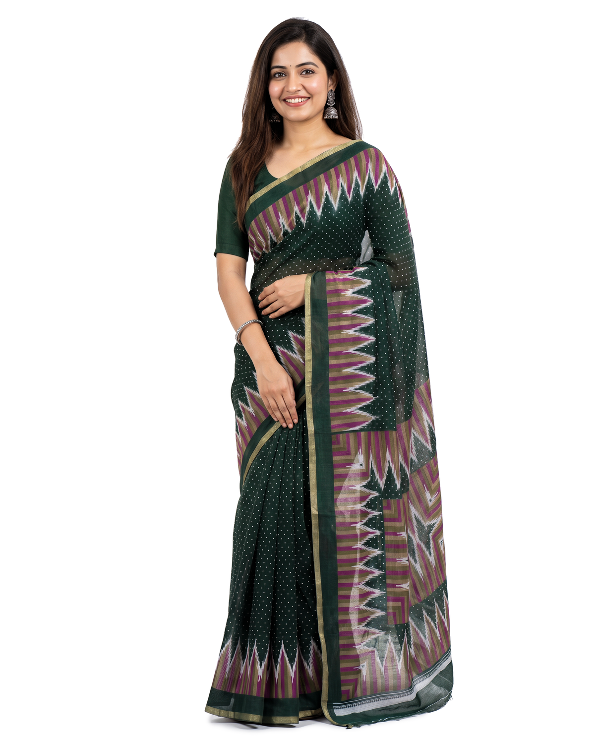 Women's Cotton Blend Ikat Print Saree with Unstitched Blouse Piece.