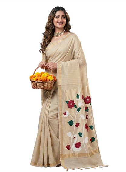 Women's Traditional Floral Paithani Cotton Silk Saree with Unstitched Blouse Piece.