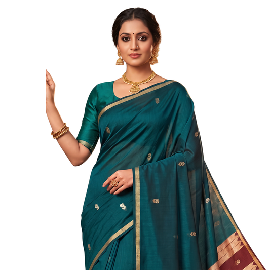 Women's Traditional Chanderi Cotton Linen Blend Saree with Zari Woven Border & Unstitched Blouse Piece.