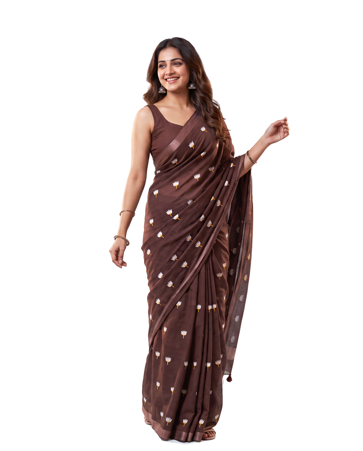 Women's Pure Linen Cotton Floral Embroidered Saree with Unstitched Blouse Piece.