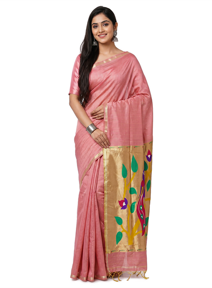 Women's Paithani Style Woven Linen Cotton Saree with Unstitched Blouse Piece.