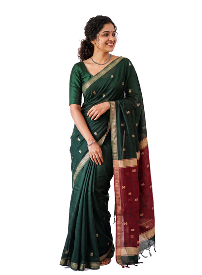 Women's Maheshwari Cotton Blend Woven Zari Saree with Unstitched Blouse Piece.