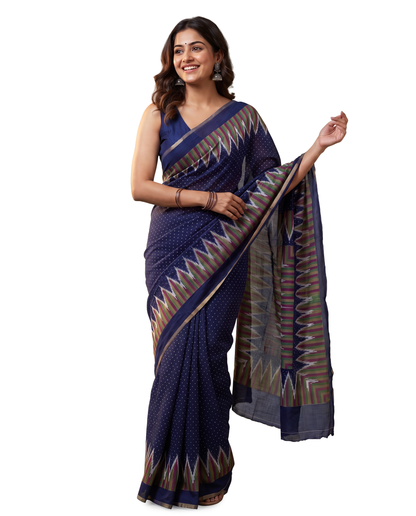 Women's Cotton Blend Ikat Print Saree with Unstitched Blouse Piece.