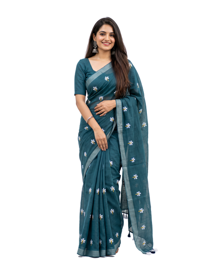 Women's Pure Linen Cotton Floral Embroidered Saree with Unstitched Blouse Piece.