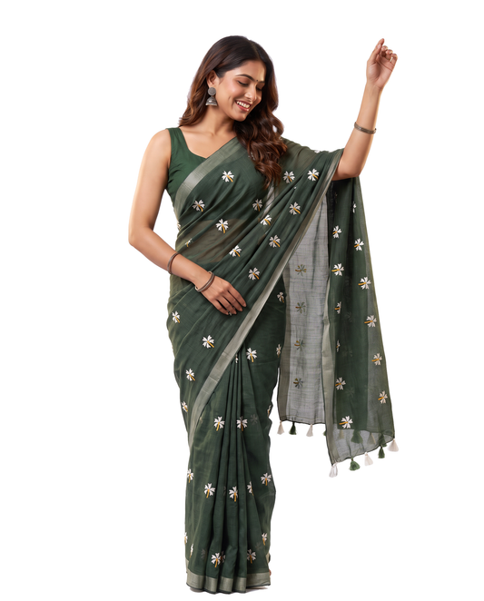 Women's Pure Linen Cotton Floral Embroidered Saree with Unstitched Blouse Piece.