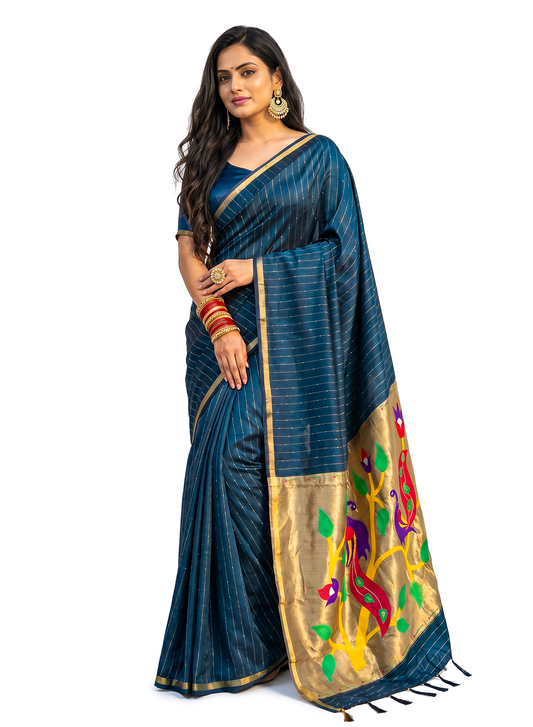 Women's Paithani Style Woven Linen Cotton Saree with Unstitched Blouse Piece.