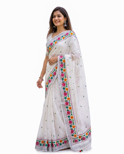 Women's Cotton Linen Blend Floral Printed Saree with Silver Zari Border & Unstitched Blouse Piece.