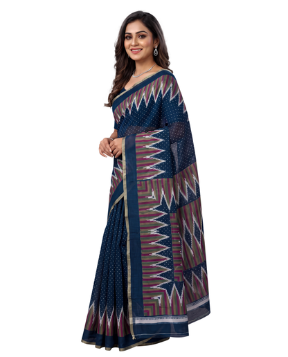 Women's Cotton Blend Ikat Print Saree with Unstitched Blouse Piece.