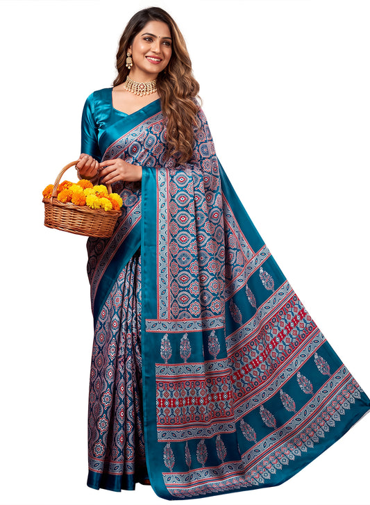 Women's Traditional Floral Block Printed Art Silk Saree with Unstitched Blouse Piece.