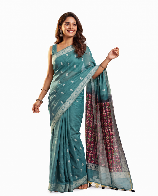 Women's Woven Design Linen Cotton Blend Saree with Unstitched Blouse Piece.