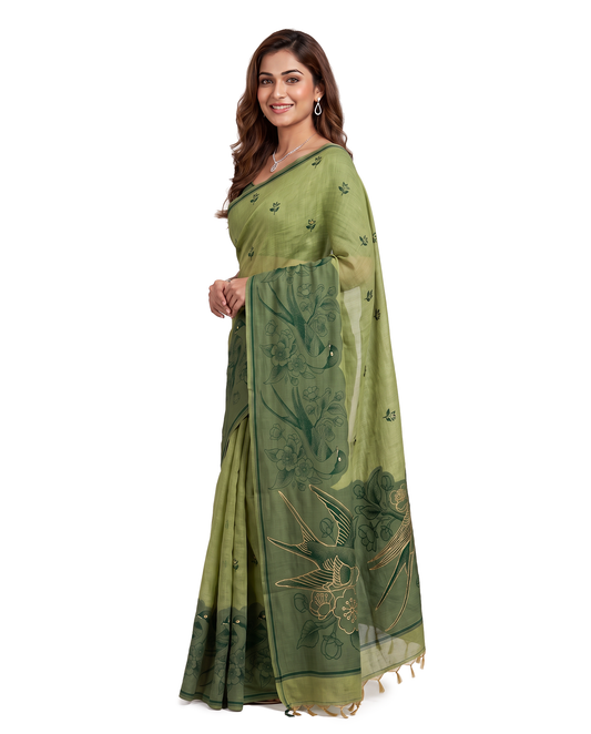 Women's Pure Linen Cotton Floral Embroidered Saree with Unstitched Blouse Piece.