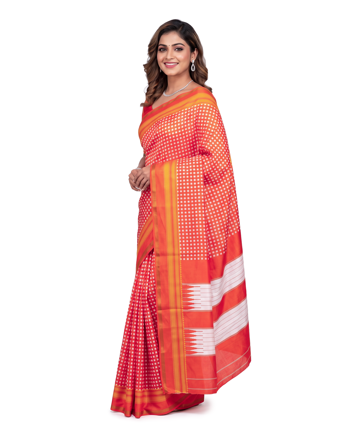Women's Synthetic Silk Blend Checked Saree with Contrast Border & Unstitched Blouse Piece.