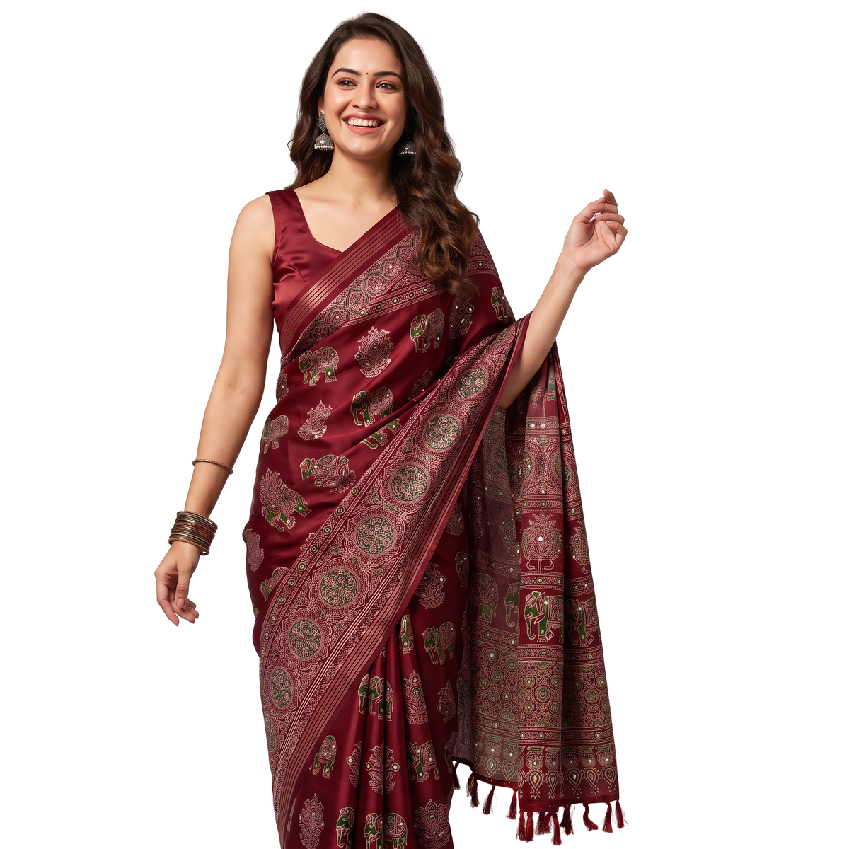Shri Hari Sarees Women's Ethnic Ajrakh Mirror Printed Art Silk Saree with Unstitched Blouse Piece.