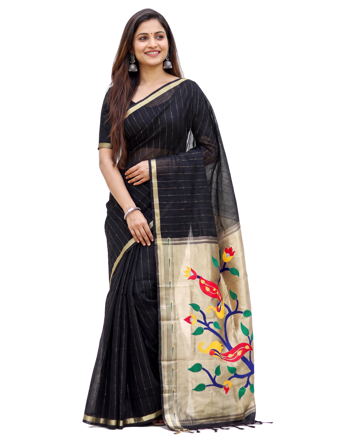 Women's Paithani Silk Blend Saree with Zari Woven Striped Lines and Peacock Floral Pallu including Unstitched Blouse Piece.